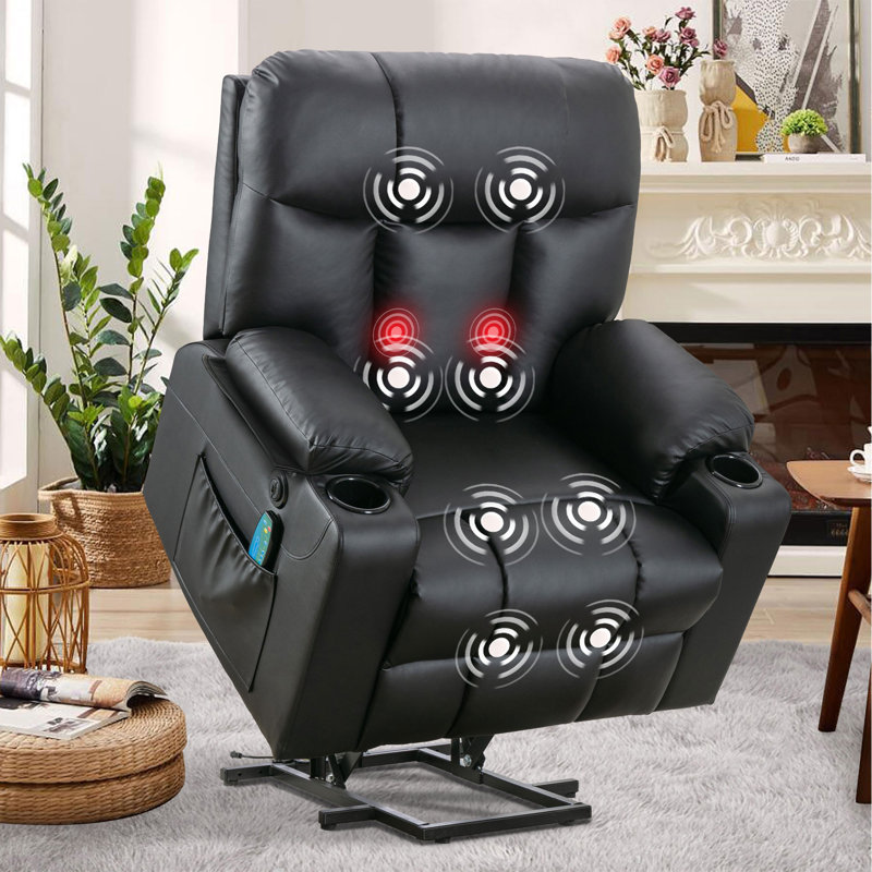 37.8" Wide Faux Leather Power Lift Assist Heated Massage Home Theater Individual Seat with Dual Cup Holders & USB