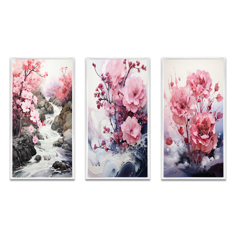 «Pink Grey Minimalisme Serenity In River», 3 pièces sur toile, Cadre flottant blanc, H 32 po x l 48 po