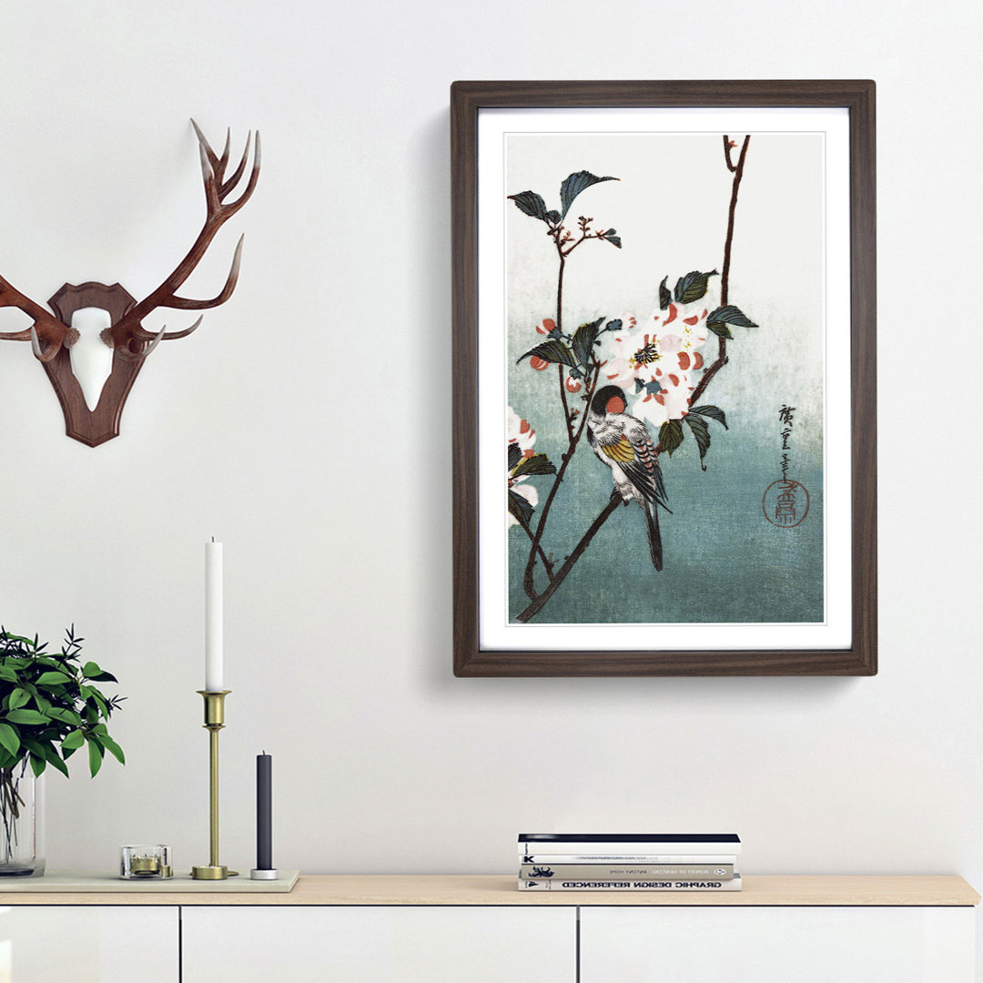 A Bird upon a Cherry Branch by Utagawa Hiroshige - Framed Print