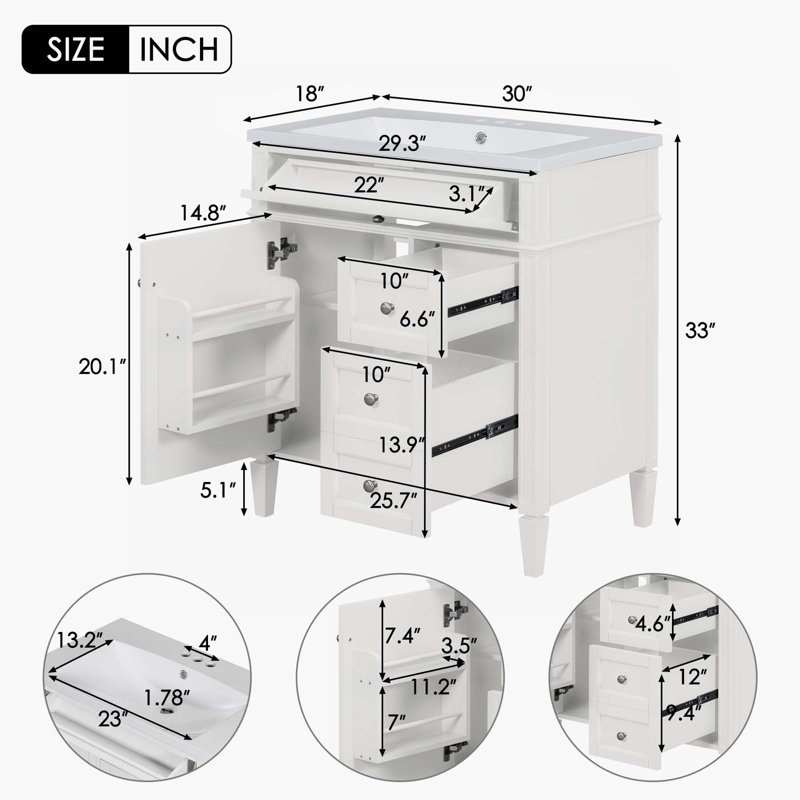 30'' Single Bathroom Vanity with Top, White