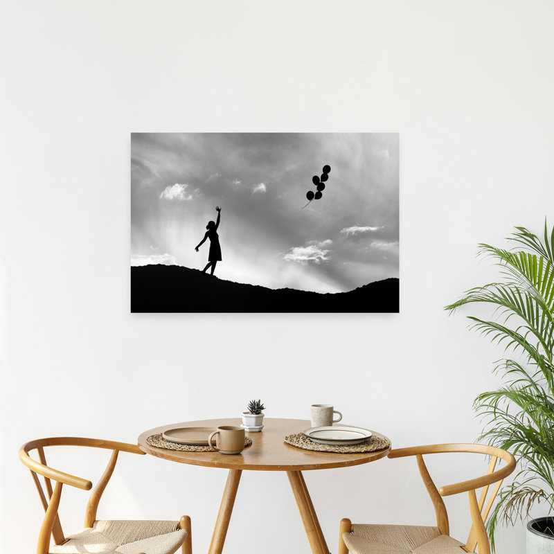 Silhouette et ballons flottants, paysage abstrait dramatique et serein, impression d'art mural sur la nature