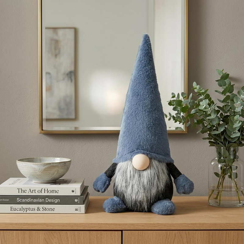 Sculpture gnome debout en tissu 18 "bleu ardoise et gris