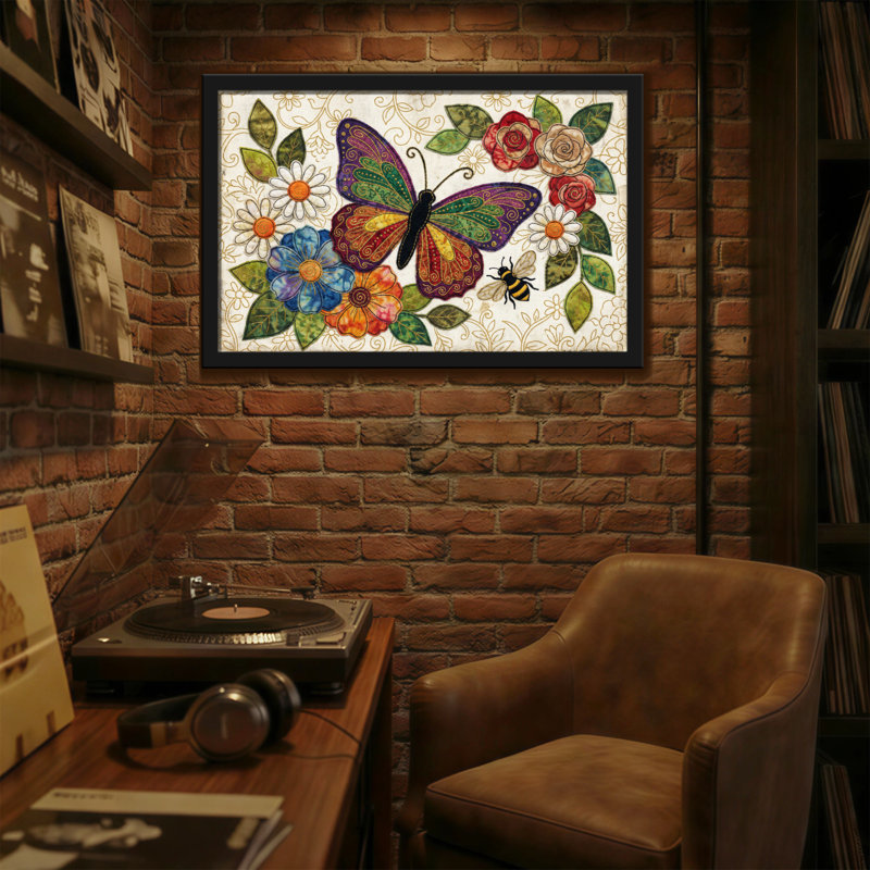 Animaux, papillon, fleurs, abeilles, motif artistique, H 12 po x l 18 po