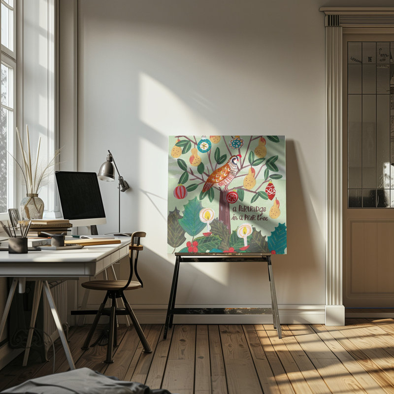 "Une perdrix dans un poirier", art mural sur toile tendue, H 30 po x l 30 po