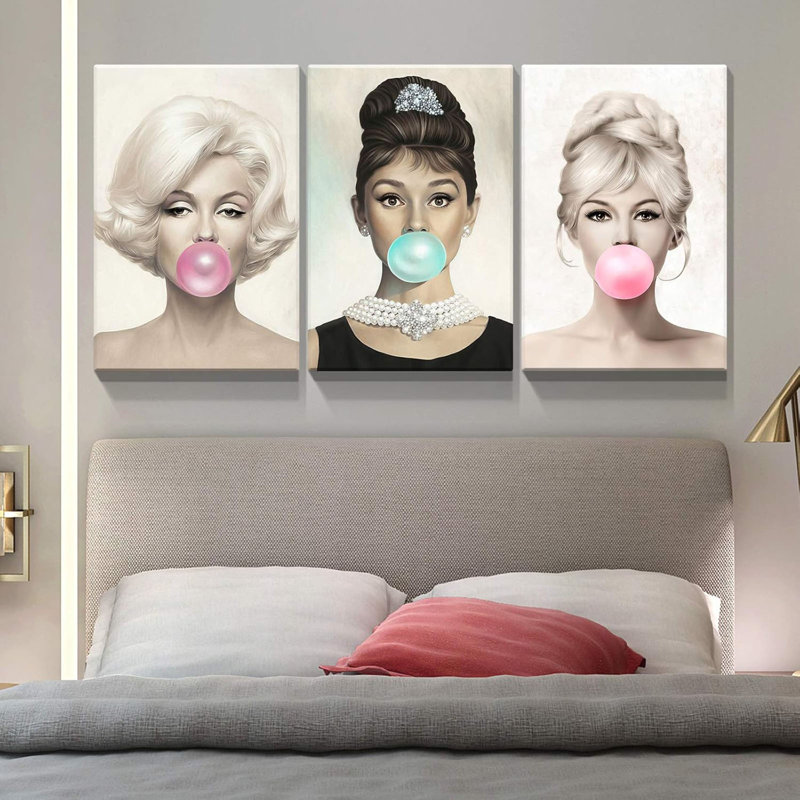 3 panneaux d'art mural sur toile, Marilyn Monroe, Audrey Hepburn et Brigitte Bardot