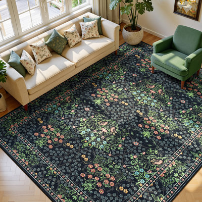 8'X10' Floral Black Green Distressed Retro Washable Rug