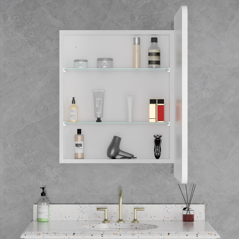 Aris l 24 po x L 30 po Pharmacie rectangulaire lumineuse H H avec miroir, coins arrondis, à intensité variable et anti-buée, tablettes réglables, espace de rangement spacieux, montage encastré / en surface