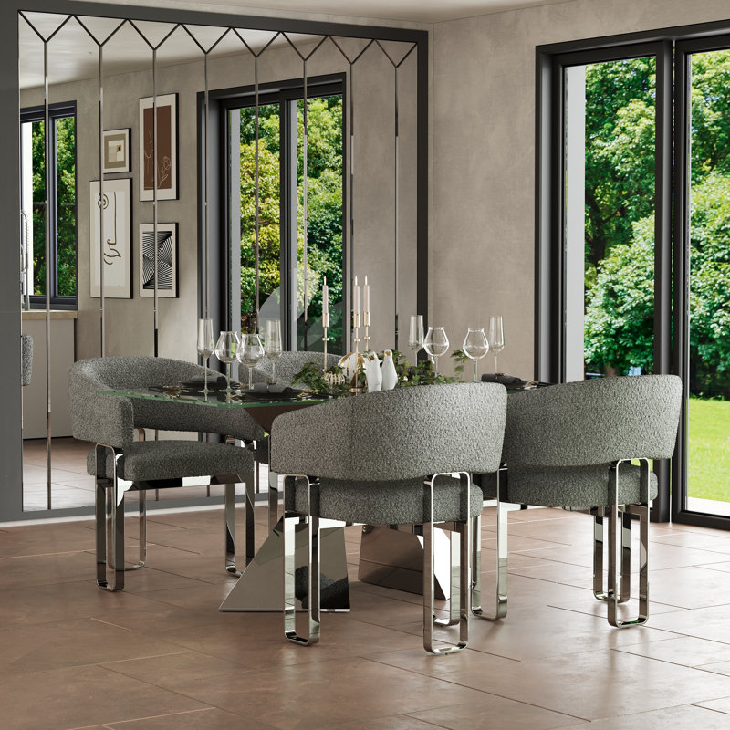 Ensemble de 2 chaises de salle à manger rembourrées en tonneau gris avec accoudoirs et structure en métal argenté miroir