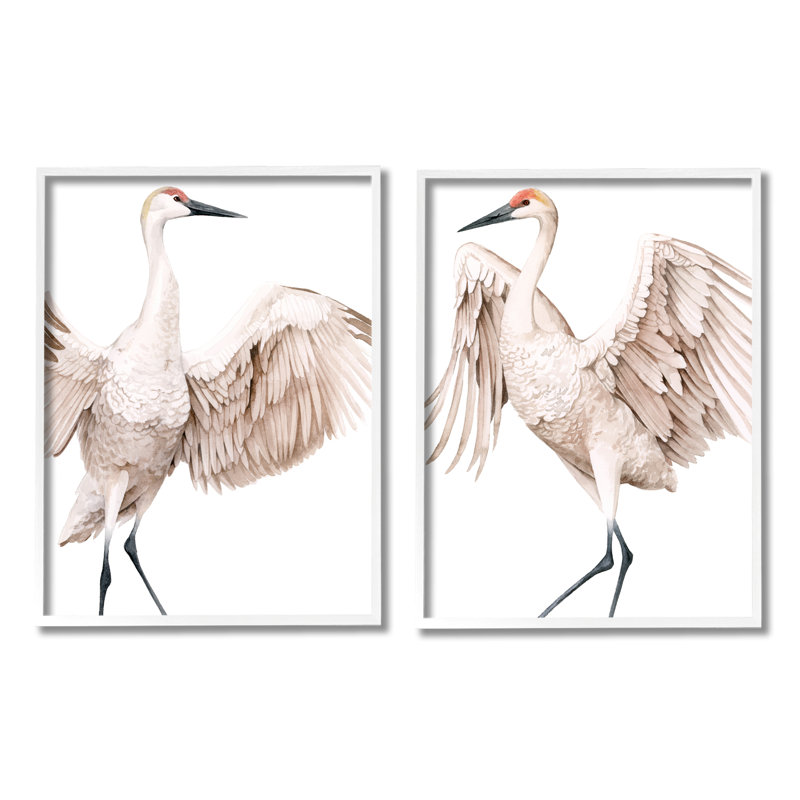 Illustration d'une simple grue blanche à ailes ouvertes par Grace Popp - ensemble de 2 peintures
