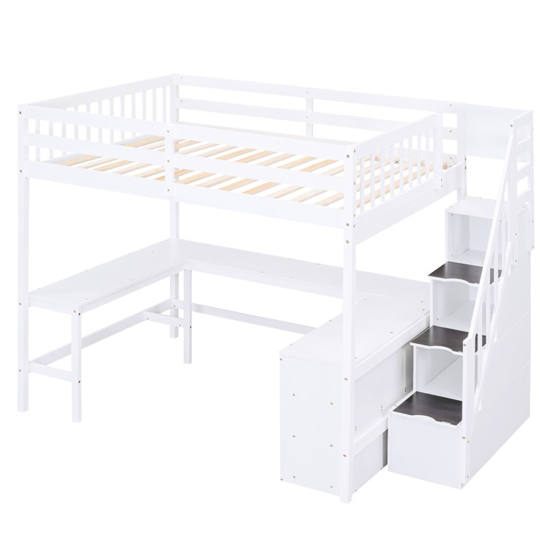 Lit mezzanine double avec bureau intégré et trois tablettes, rangement pour escalier blanc - option pratique en forme de L dans la zone fonctionnelle