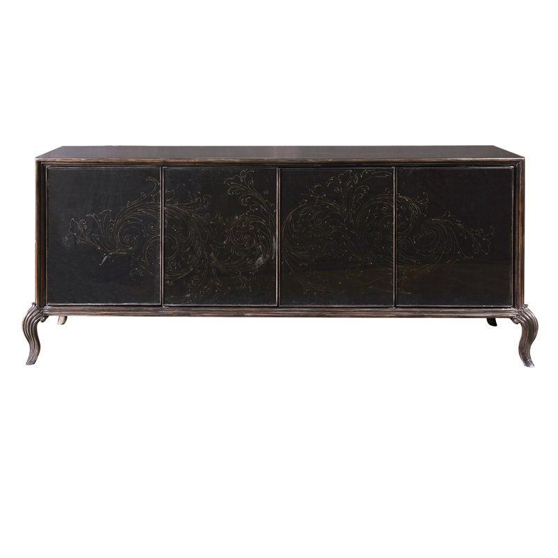 High Sheen Black 4-Door Media Credenza with Maple Legs