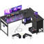 Bureau de jeu en L réversible avec 4 tiroirs, prises de courant et port de charge USB, bureau d'ordinateur en coin avec support pour bureau personnel, noir