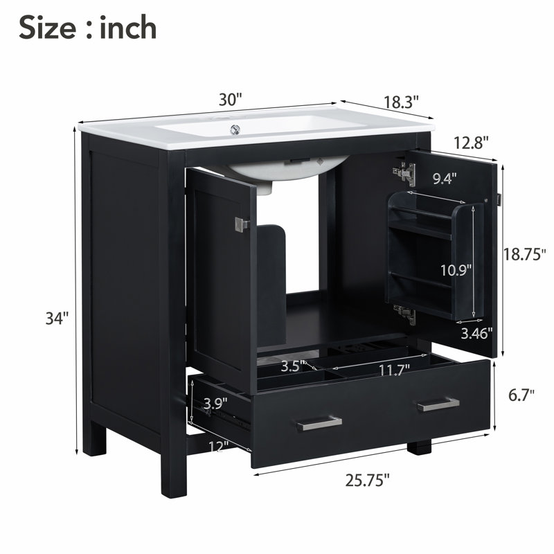 Meuble-lavabo 30 po avec lavabo simple, Noir, Argent argent
