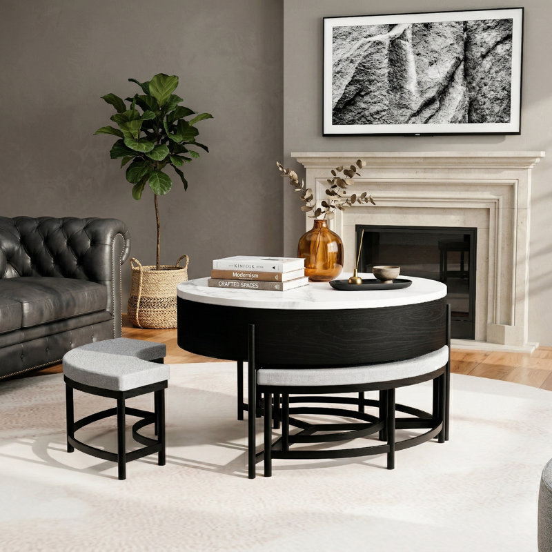Table basse moderne à plateau relevable avec rangement caché, 3 repose-pieds inclus, Noir