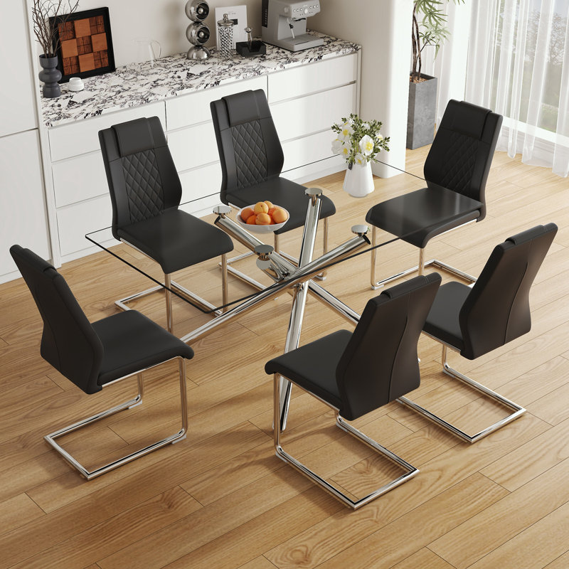 Ensemble repas 7 pièces avec 6 chaises en polyuréthane, pieds en métal et plateau de table en verre, Noir