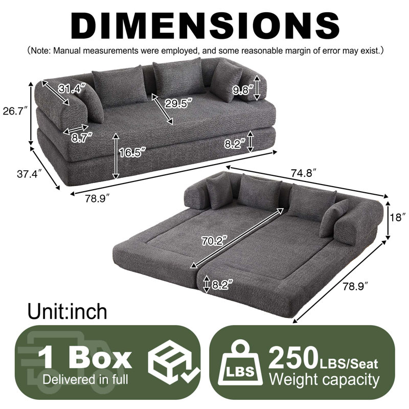 Canapé-lit convertible en chenille avec accoudoirs amovibles, Gris chenille