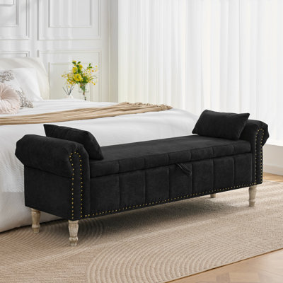 Lunara 66" W Bedroom Storage Bench End of Bed King Size with Button-Tufted Seat,Roll Arms,Hidden Dual Pockets and 2 Pillows