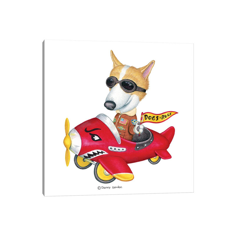Corgi In Red Plane by Danny Gordon - Print on Canvas, 66.04 cm H x 66.04 cm W x 1.91 cm D, Wrapped Canvas