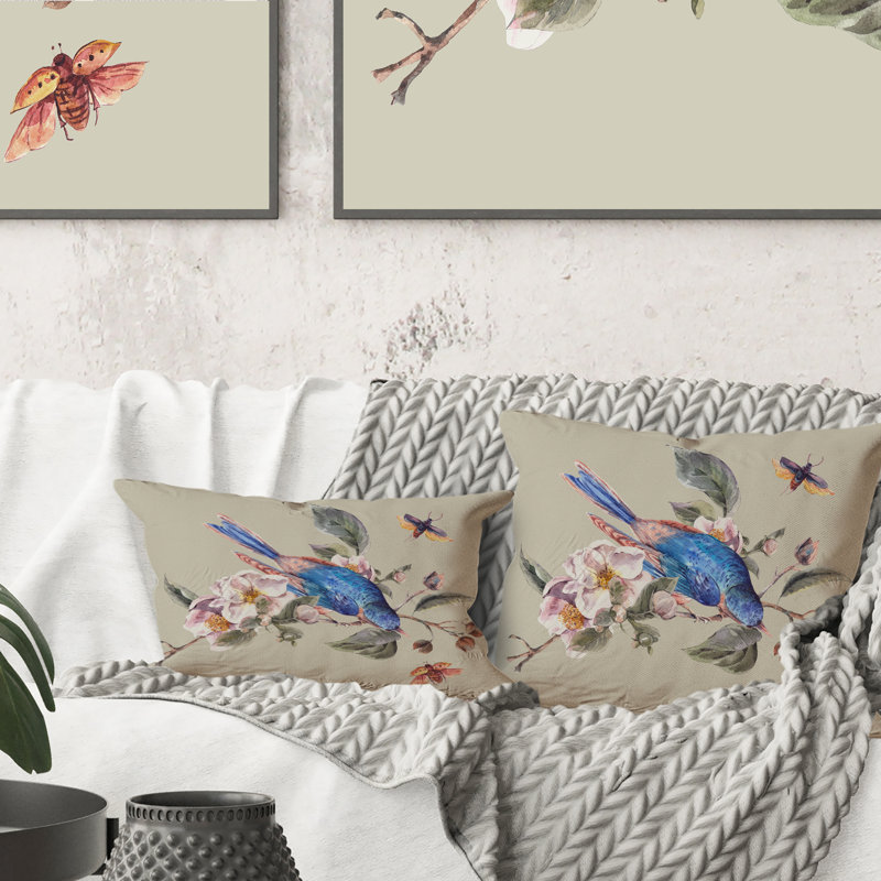 Pommier fleuri et oiseau bleu - Coussin décoratif imprimé traditionnel, 18 po x 18 po