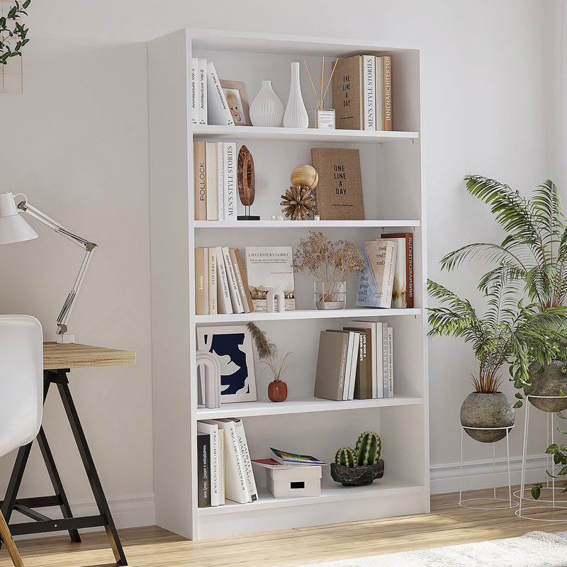 5 Shelf White Bookcase 60 Inch Tall Wood Bookshelf For Bedroom, Adjustable And Durable Storage Solution, White