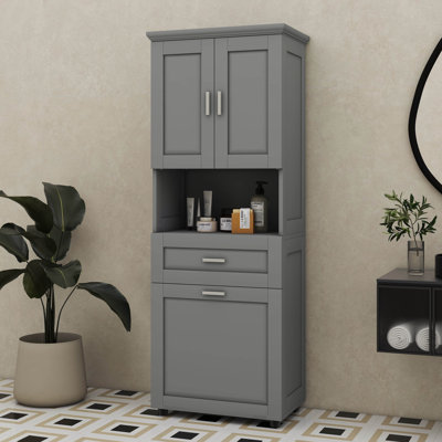Tall Bathroom Cabinet With Built-In Laundry Hamper Doors And Upper Open Storage Section