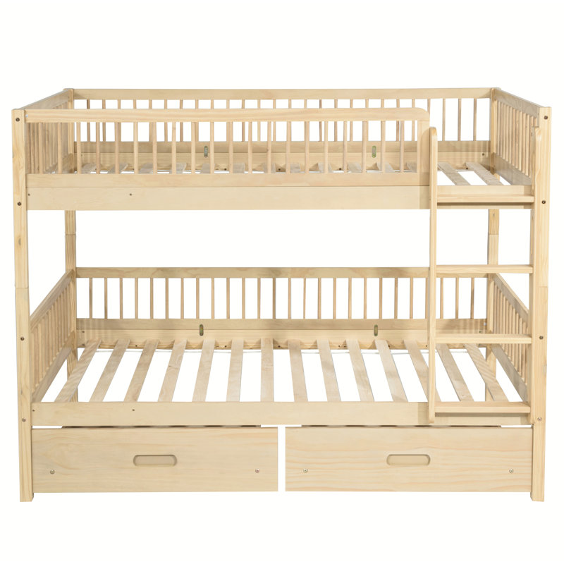 Lit superposé simple au-dessus de simple en bois de pin avec 2 tiroirs, convertible en 2 lits simples, lit superposé simple au-dessus de simple avec échelle et barrières de sécurité, naturel