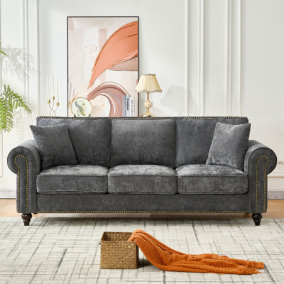 Chenille Sofa with Rolled Arms,Wood Legs and Nailhead Trim