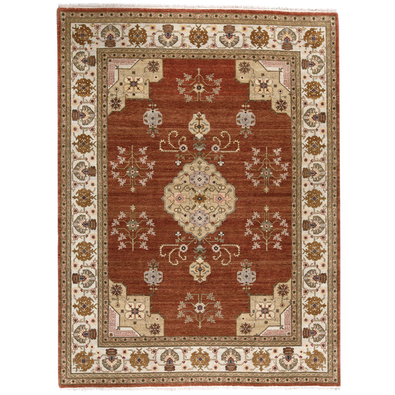 Hand Knotted Wool Oriental Area Rug in Rust And Ivory