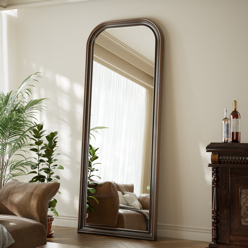 Oversized Vintage Full Length Mirror 28"X69" Arched Standing Floor Mirror Wall Mirror With PU Frame, 69" x 28", Dark Brown