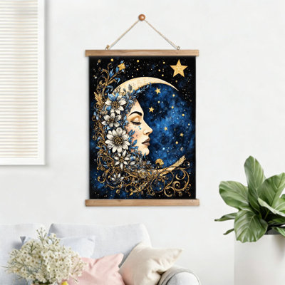 Lune avec face florale et étoiles, art mural à volutes suspendues, cintre en bois intégré, l 16 x L 24