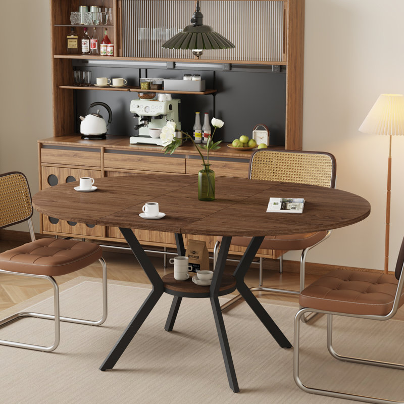 42.5-58.2 Inch Extendable Round Dining Table With Storage Shelf For 4-6 People, Walnut Brown