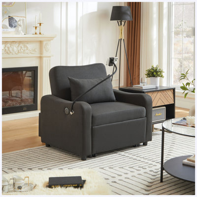 Sofa Sleeper Chair Bed, 3 In 1 Convertible Sofa Chair With Adjustable Backrest & Phone Holder & Usb, Type-c, Adjustable Recliner, Armchair For Living Room Bedroom Apartment Small Space, Black