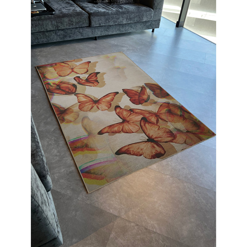 Tapis décoratif moderne à motif papillon beige et orange Mira, Tapis de couloir 3 pi 3,37 po x 9 pi 10,11 po