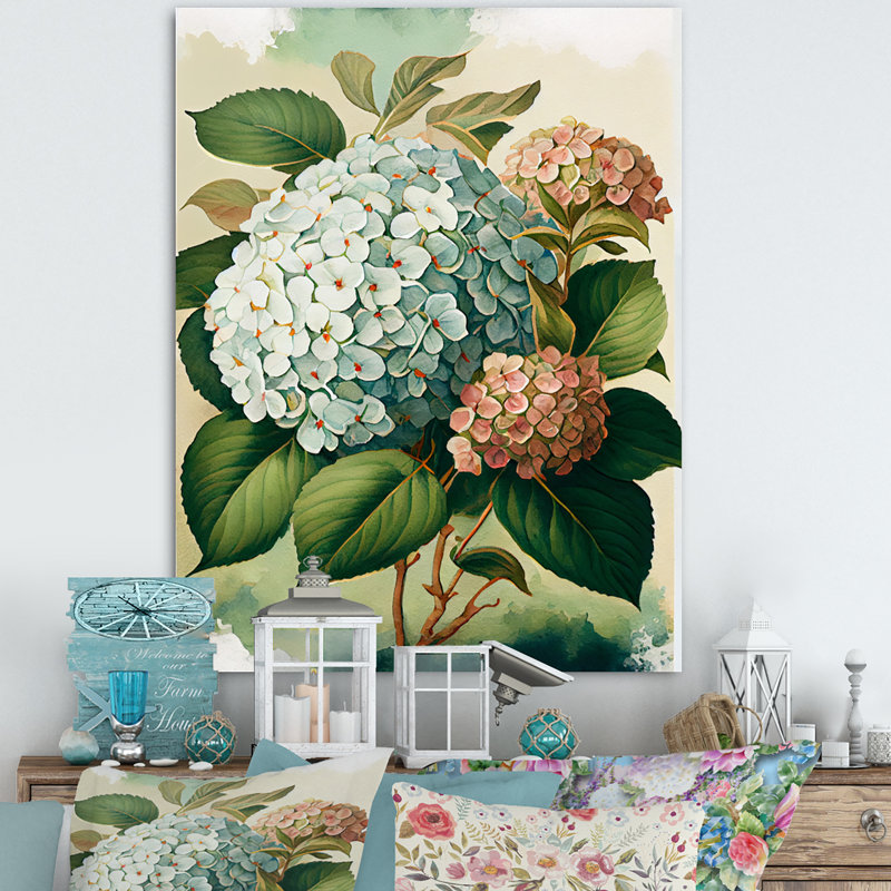 Hydrangena bleu rétro II - art mural floral, H 44 po x l 34 po x P 1,5 po, Toile tendue