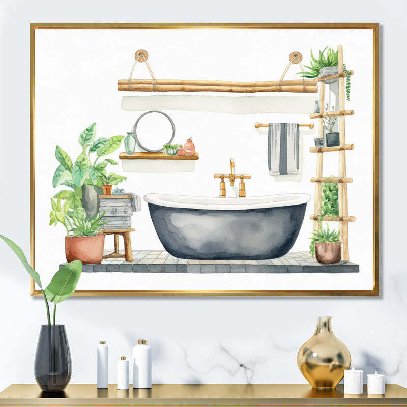 «Natural Bathroom Decor IV», reproduction sur toile, Cadre flottant doré, H 12 po x l 20 po x P 1 po