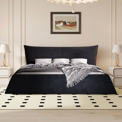 Queen Sizes Velvet Upholstered Platform Bed Frame with Oversized Wingback Headboard, Solid Pine Wood Slat Support, No Box Spring Needed