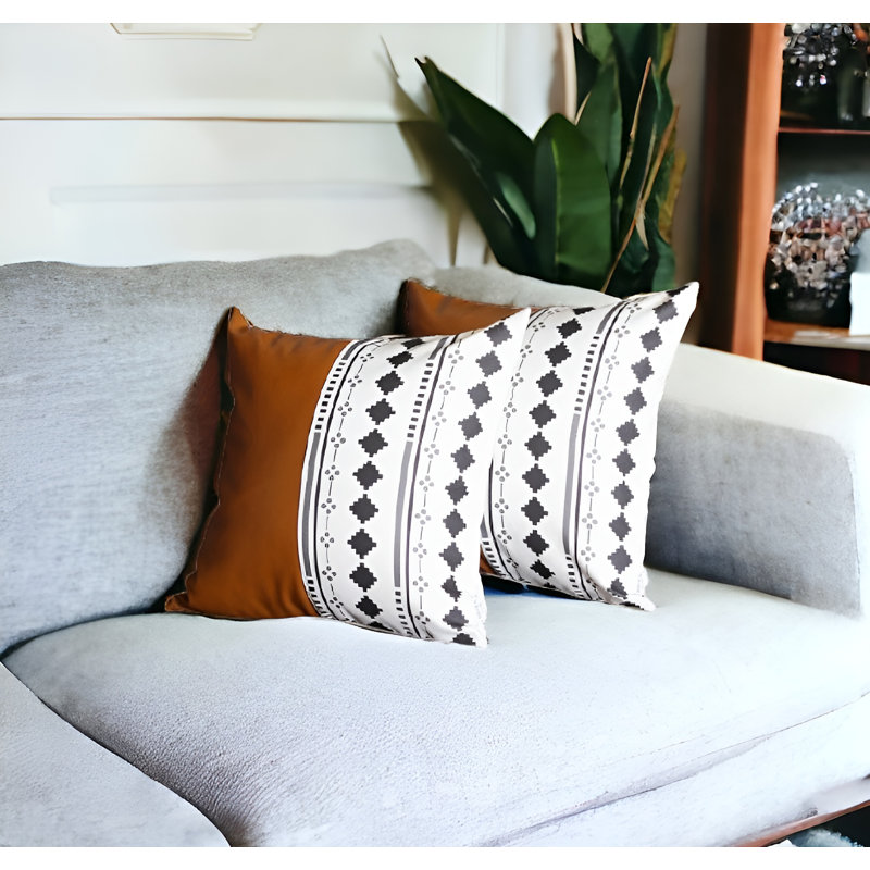 Boho Brown and Ivory Geometric Faux Leather Pillow Covers, 20" x 20"