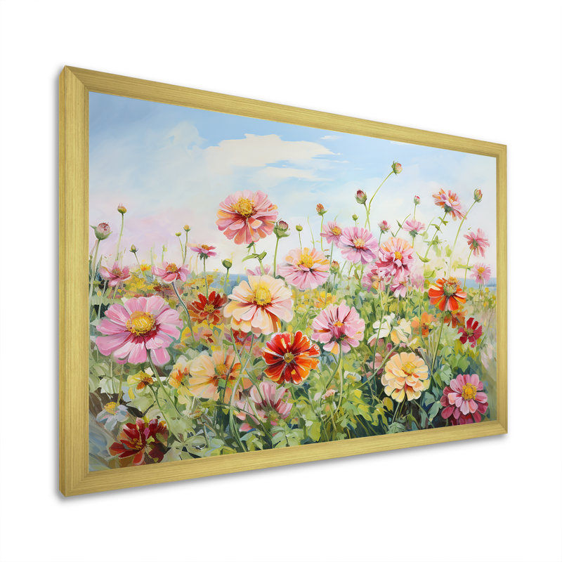 Zinnias Country Charm sur toile, Cadre doré simple, H 30 po x l 40 po x P 1,5 po