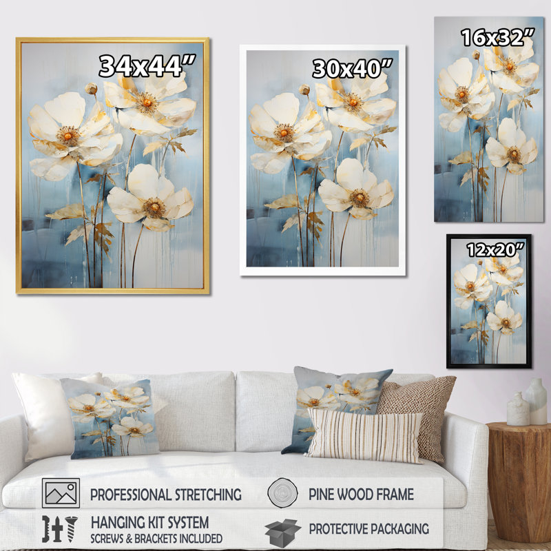 Minimalisme renoncules sur fond bleu sur toile, Cadre doré simple, H 32 po x l 16 po x P 1 po