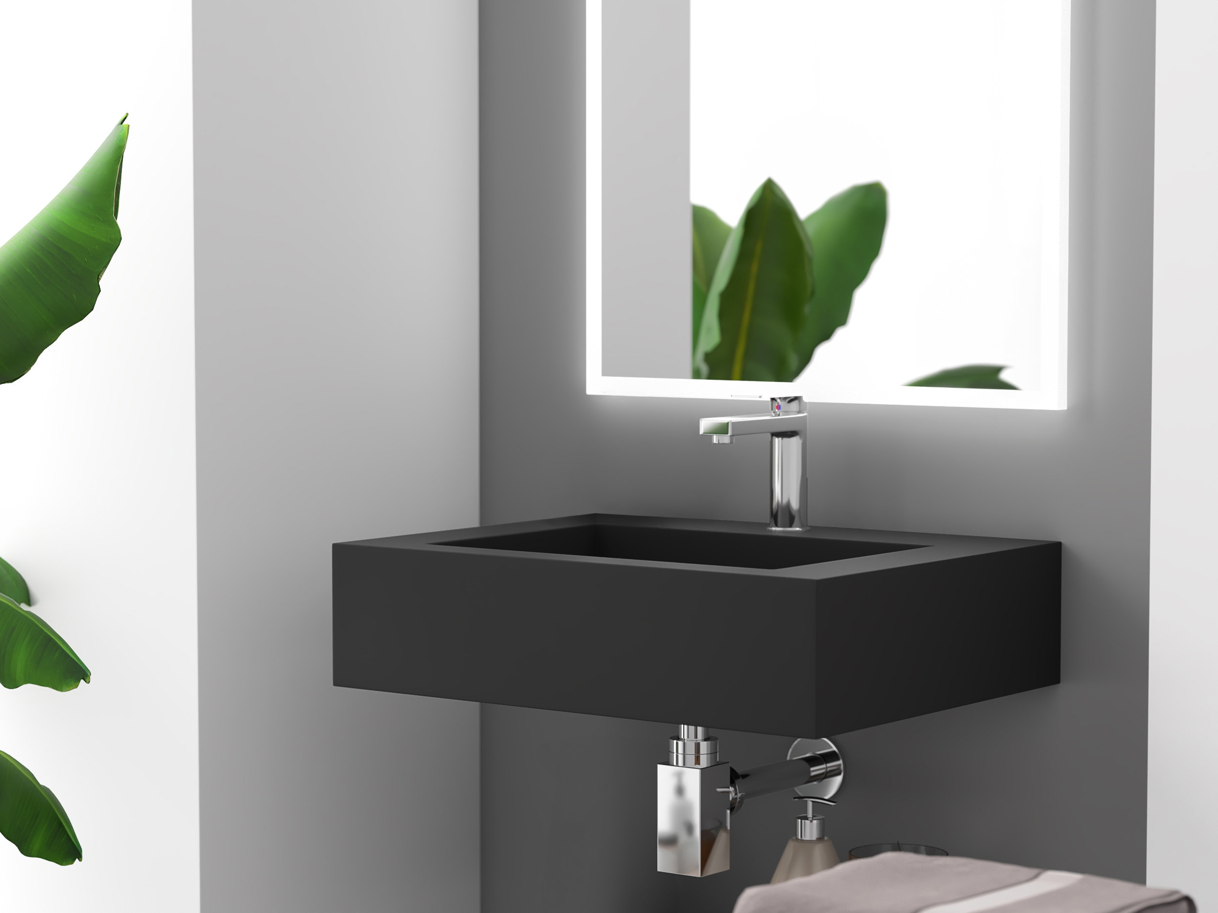 Square Wall Mounted Ceramic Sink With Matte Black Towel Bar