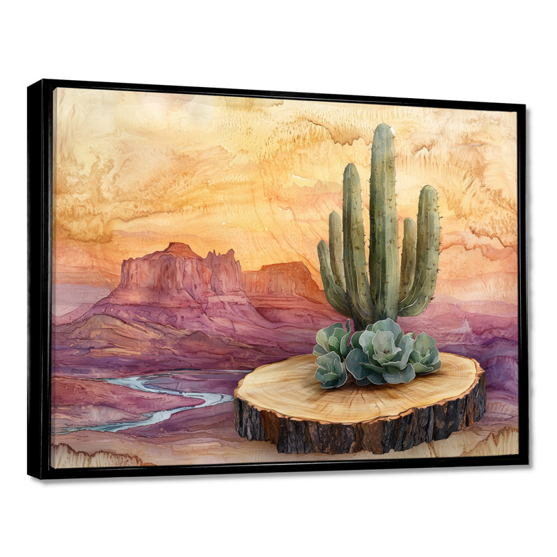 Cactus du désert sur un plateau en bois I - Cactus Wall Art, H 16 po x l 32 po, Cadre flottant, Noir