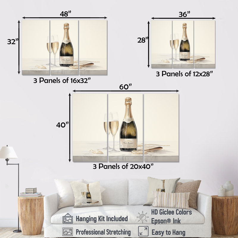 Curve Champagne Glassese - ensemble d'art sur toile champagne, H 32 po x l 48 po
