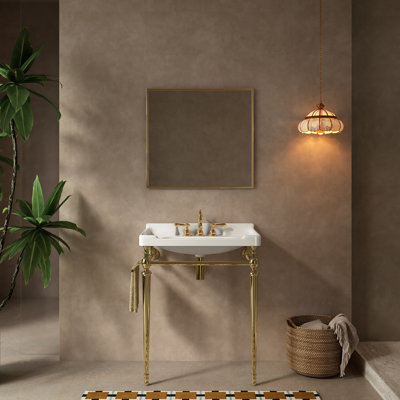 28" Bathroom Console Sink, Wall-Mounted Ceramic Vanity Basin With 3 Pre-Drilled Faucet Holes