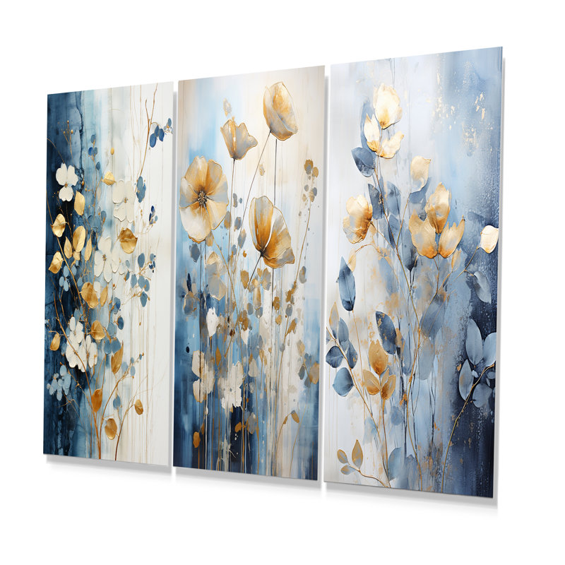 Beige And Gold Minimalism Botanical Serenity - Plants Metal Wall Decor Set Of 3, 28" H x 36" W