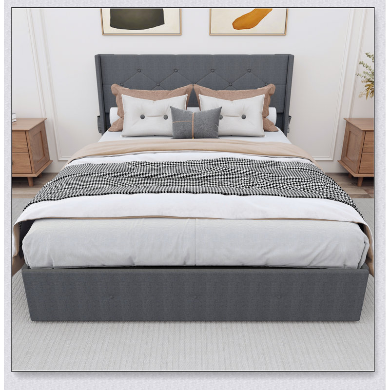 Platform Bed Frame With Gas Lift Storage And USB Ports, Dark Gray