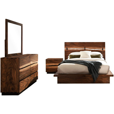 Eastern King 4 - Piece Bedroom , Walnut Finish, Bed With Live Edge Headboard And Matching Storage Pieces For King, Visible Joinery Hardware Drawers
