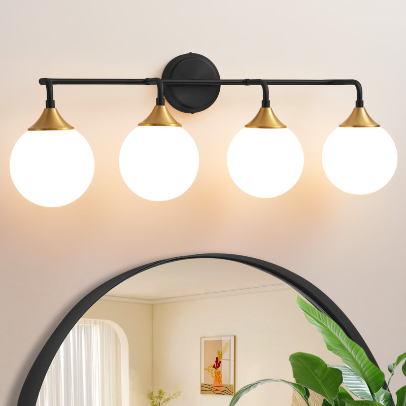 Black and Gold 4-Light Dimmable Vanity Light with Milk Glass Shades