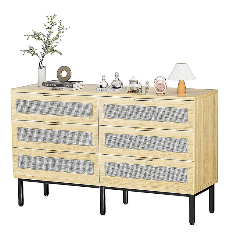 Commode 6 tiroirs pour chambre à coucher, commode en bois 6 tiroirs avec tissu en lin, chêne