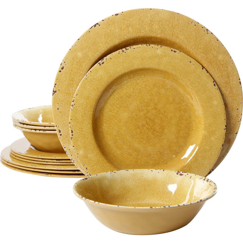 Golden Yellow Crackle Design Melamine Dinnerware Set, Service for 4