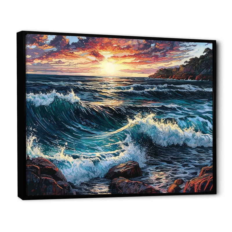 Coucher de soleil vert sur la plage - impression, H 34 po x l 44 po x P 1,5 po, Cadre flottant noir